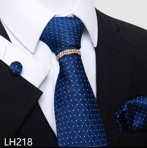 Picture of Luxury Jacquard Tie + Pocket Square + Cufflinks & Tie Knot Gold Ring 4 item Tie Set For Men (1 Set) (LH218,Int: One size)