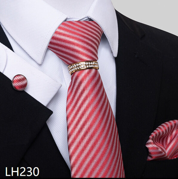 Picture of Luxury Jacquard Tie + Pocket Square + Cufflinks & Tie Knot Gold Ring 4 item Tie Set For Men (1 Set) (LH230,Int: One size)