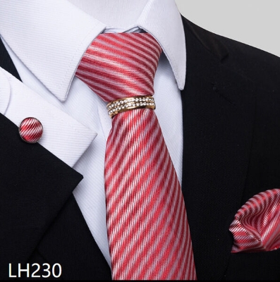 Picture of Luxury Jacquard Tie + Pocket Square + Cufflinks & Tie Knot Gold Ring 4 item Tie Set For Men (1 Set) (LH230,Int: One size)