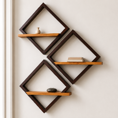 Picture of Kounik Decor Modern Diamond Geometric Wooden Wall Shelf Set | Premium Solid Wood Interlocking Wall Decor for Living Room & Office (Set of 3)