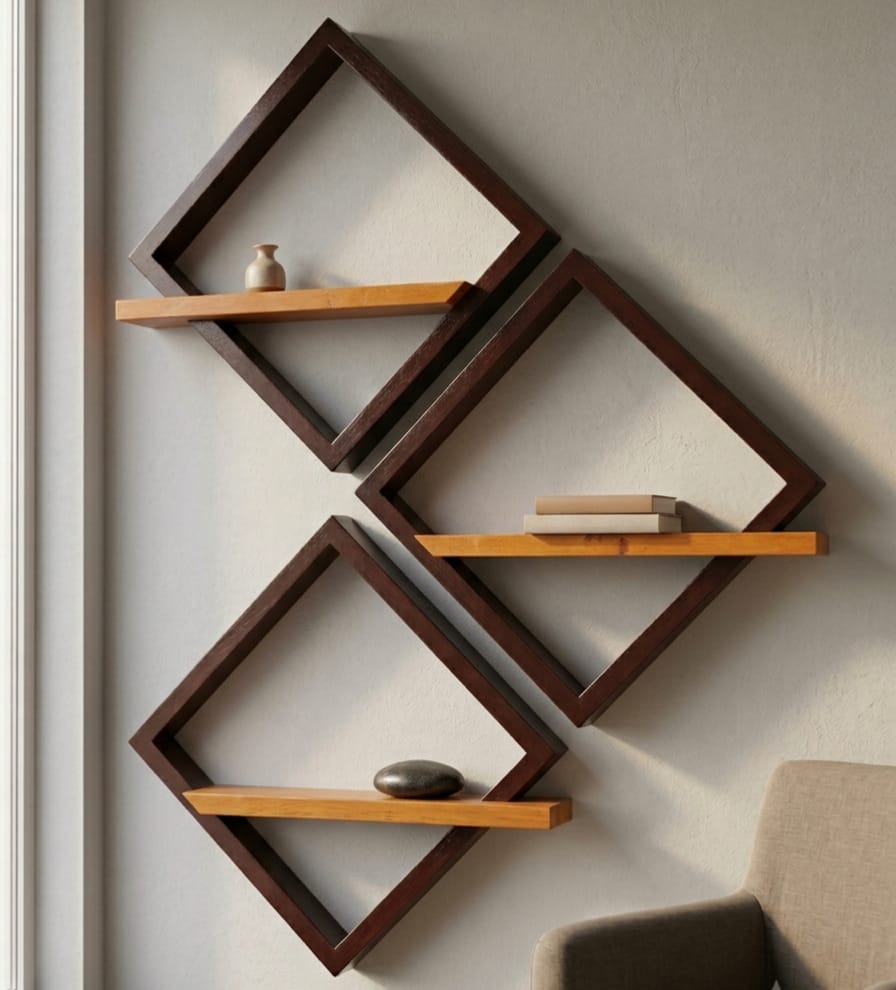 Picture of Kounik Decor Modern Diamond Geometric Wooden Wall Shelf Set | Premium Solid Wood Interlocking Wall Decor for Living Room & Office (Set of 3)