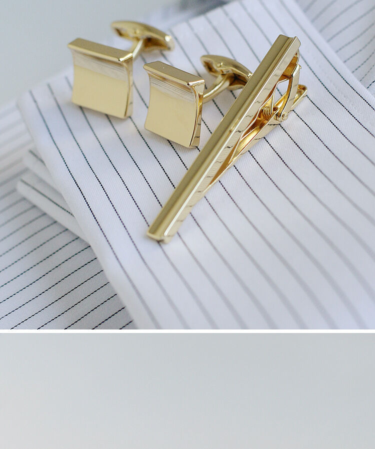 Picture of Luxury Square Cufflinks & Tie Clip Set For Men Fashion French Cuff Shirt Accessories (1Set) (Curved Solid Gold)