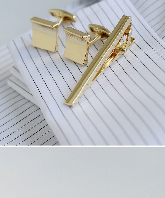 Picture of Luxury Square Cufflinks & Tie Clip Set For Men Fashion French Cuff Shirt Accessories (1Set) (Curved Solid Gold)