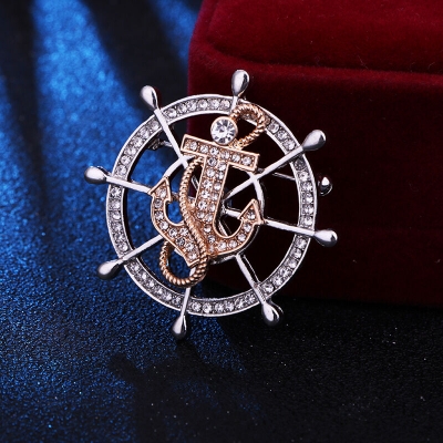 Picture of Luxury Stoned Rudder Wheel Anchor Brooch For Men & Women Fashion Accessories (Silver With Golden Anchor)
