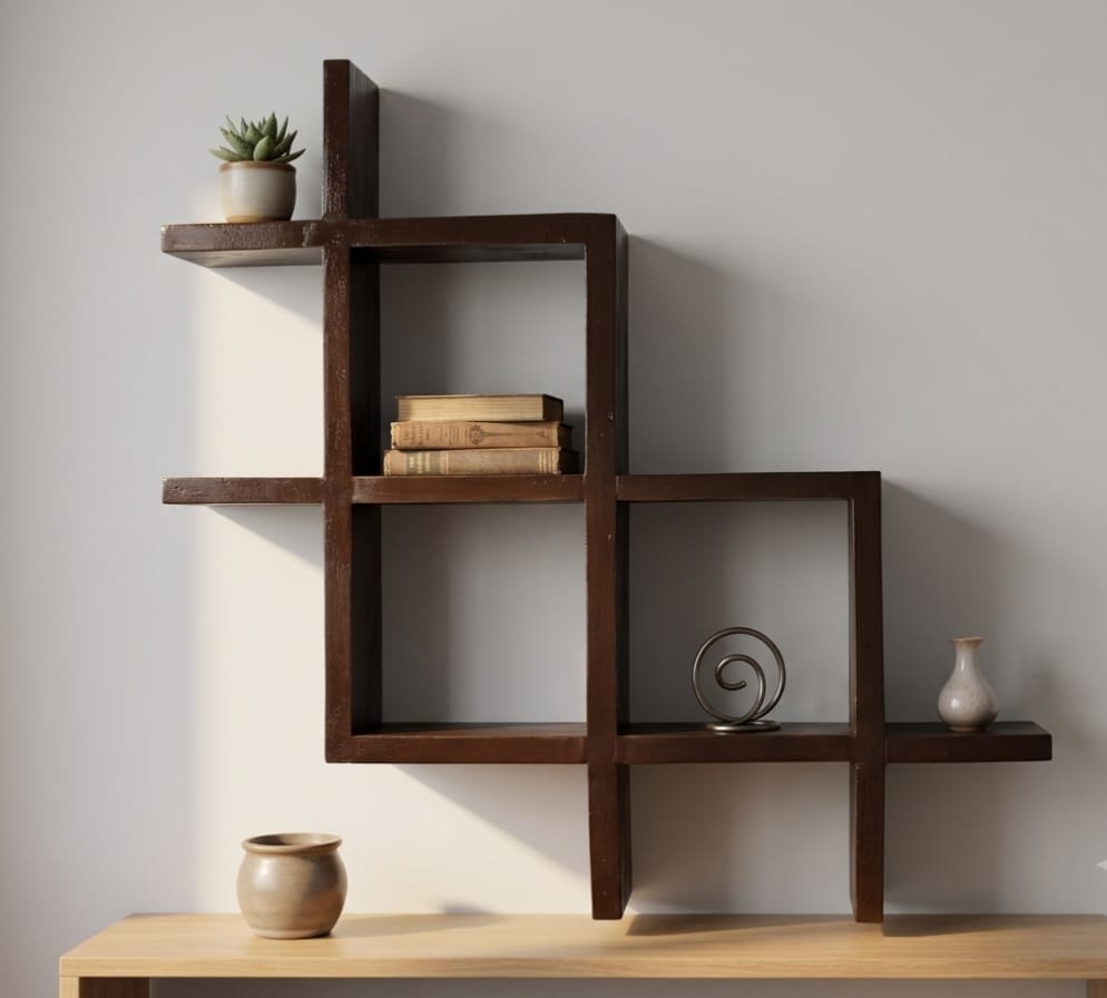 Picture of Kounik Decor Modern Interlocking Square Wooden Wall Shelf | Premium Solid Wood Geometric Wall Decor for Living Room & Office