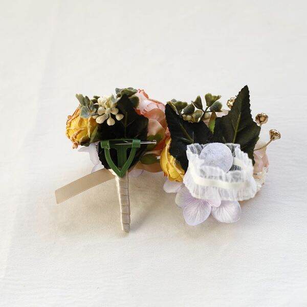 Picture of Wedding Boutonniere Bouquet Chest Brooch For Suit Lapel Fashion Accessories (1PS) (Light Peach & Yellow)
