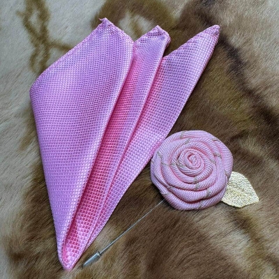 Picture of Handmade Rose Cloth Flower Corsage Pin With Pocket Square (Bright Pink)