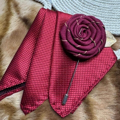Picture of Handmade Rose Cloth Flower Corsage Pin With Pocket Square (Maroon)