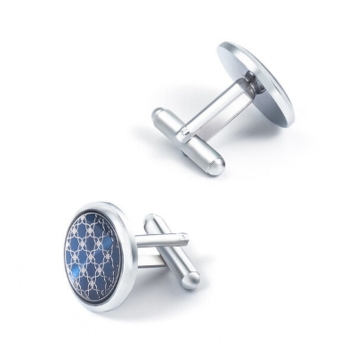Picture of Luxury Round Metal Cufflinks & Tie Clip Set For Men French Cuff Shirt Accessories (1Set) (Silver Blue)