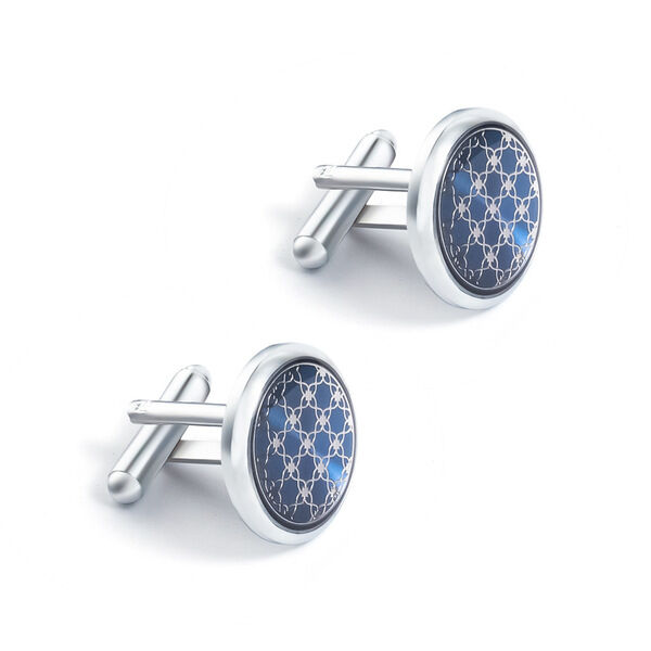 Picture of Luxury Round Metal Cufflinks & Tie Clip Set For Men French Cuff Shirt Accessories (1Set) (Silver Blue)