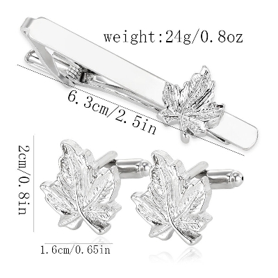 Picture of Luxury Maple Leaf Metal Cufflinks & Tie Clip Set For Men French Cuff Shirt Accessories (1Set) (Silver)
