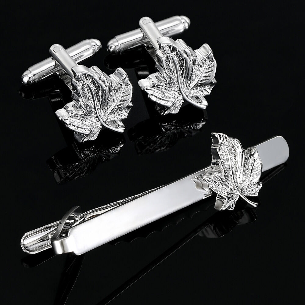 Picture of Luxury Maple Leaf Metal Cufflinks & Tie Clip Set For Men French Cuff Shirt Accessories (1Set) (Silver)