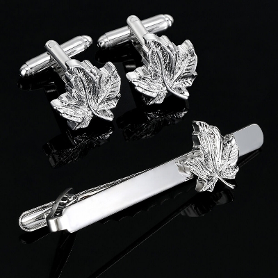 Picture of Luxury Maple Leaf Metal Cufflinks & Tie Clip Set For Men French Cuff Shirt Accessories (1Set) (Silver)