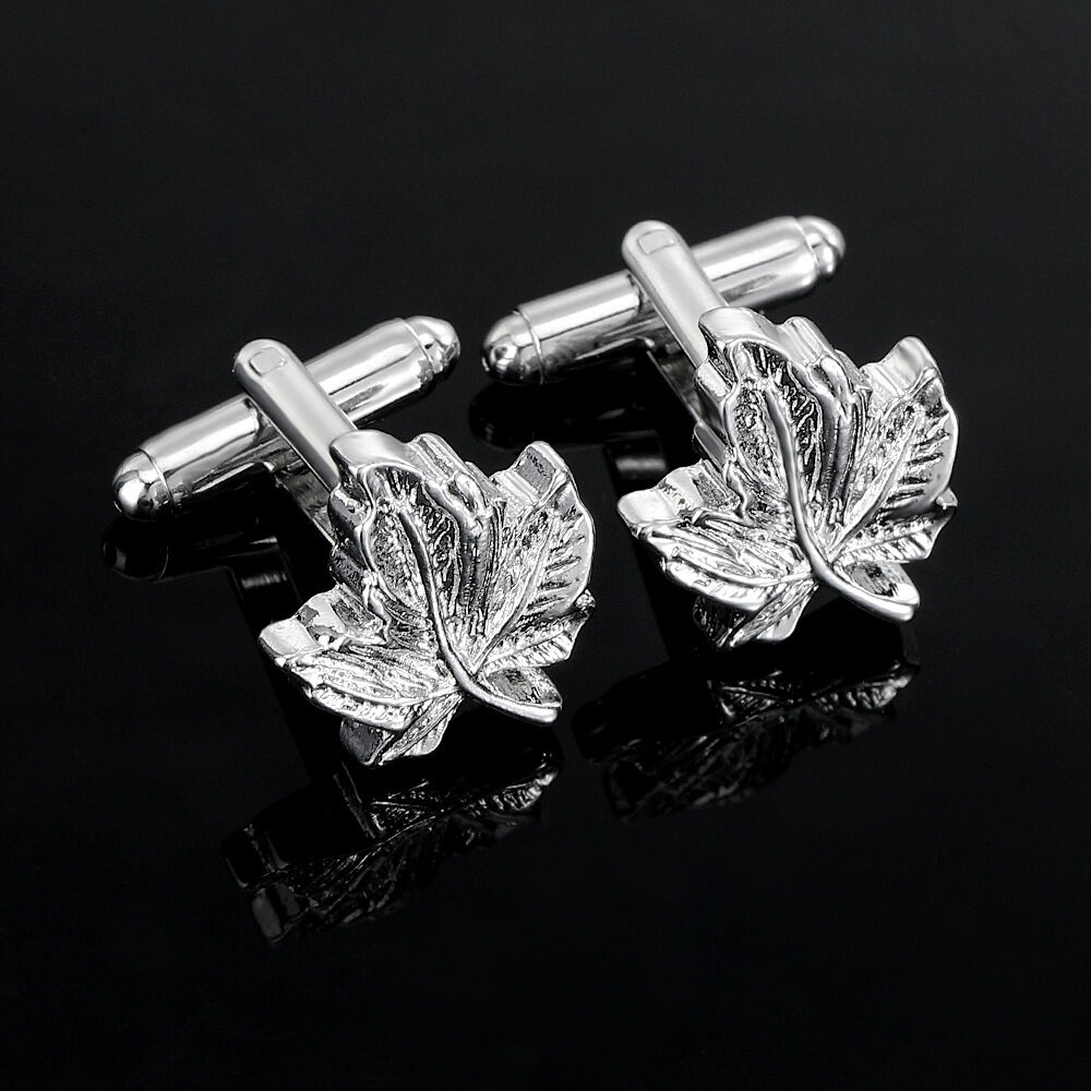 Picture of Luxury Maple Leaf Metal Cufflinks & Tie Clip Set For Men French Cuff Shirt Accessories (1Set) (Silver)