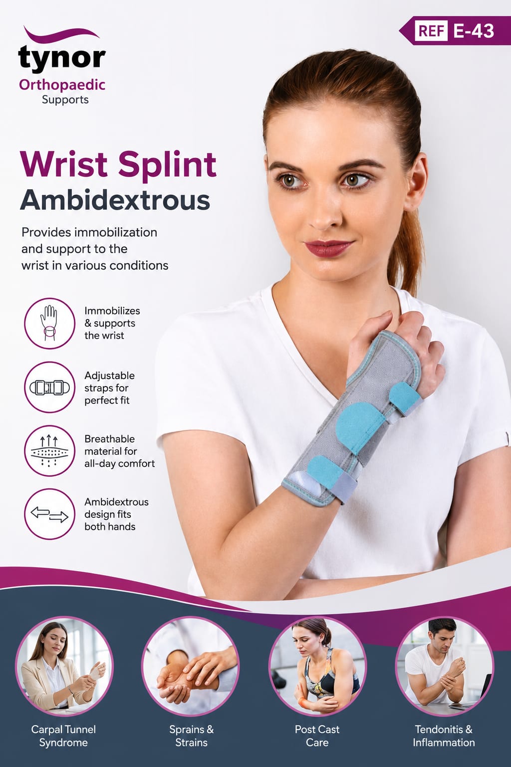 Picture of Tynor Wrist Splint Ambidextrous Premium Wrist Support Brace for Pain Relief, Injury Recovery & Everyday Protection (E-43)