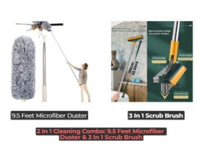Picture of 2 In 1 Cleaning Combo: 9.5 Feet Microfiber  Duster & 3 In 1 Scrub Brush-2 In 1 Combo