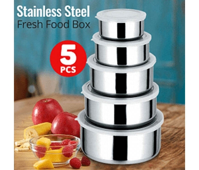 Picture of 5 Pcs Set Protect Fresh High Quality Stainless Steel Food Box | Stainless Steel Body with Food Grade Plastic Cover-Silver