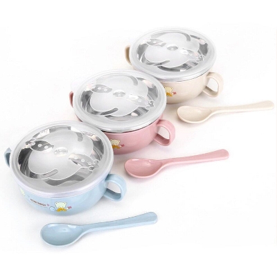 Picture of Baby Feeding Bowl with Lids Stainless Steel Insulated Bowl Spoon Set Children Tableware Cartoon Printed Easy To Clean Children Food Bowl-Multicolor