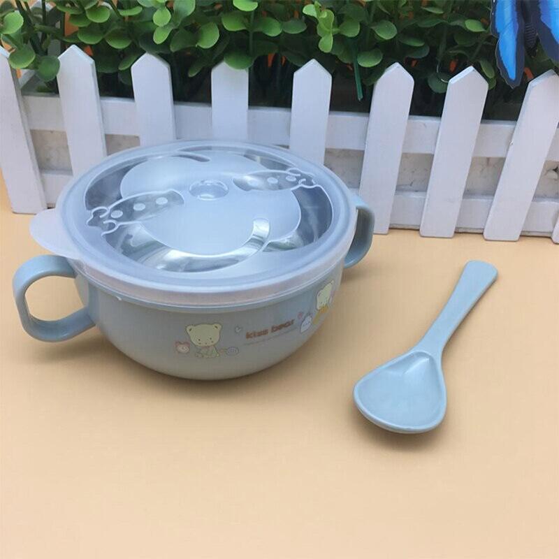 Picture of Baby Feeding Bowl with Lids Stainless Steel Insulated Bowl Spoon Set Children Tableware Cartoon Printed Easy To Clean Children Food Bowl-Multicolor