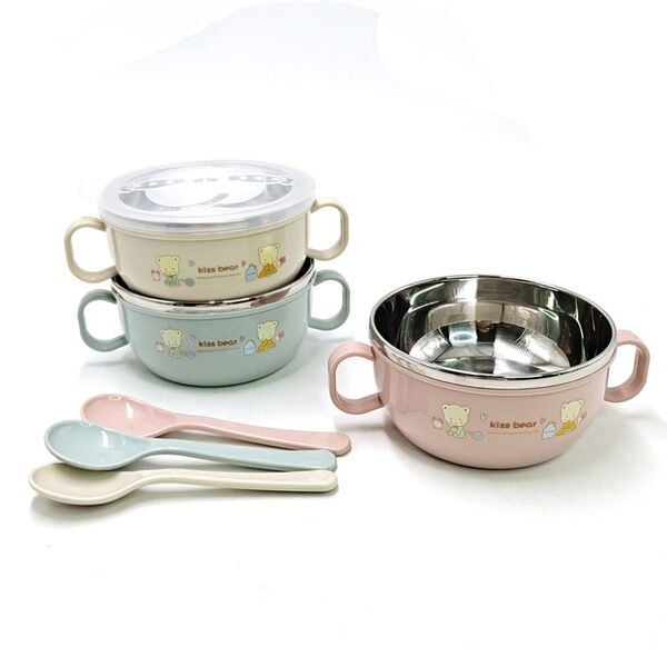 Picture of Baby Feeding Bowl with Lids Stainless Steel Insulated Bowl Spoon Set Children Tableware Cartoon Printed Easy To Clean Children Food Bowl-Multicolor