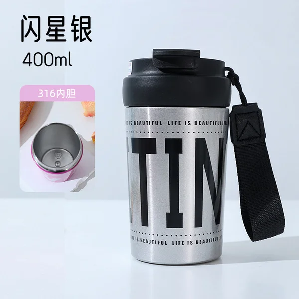 Picture of Stainless Steel Double-Drink Coffee Cup 400 ml, New High-Looking Thermos Cup 316-Baby Pink