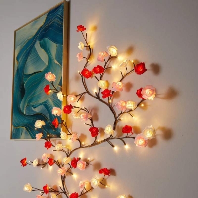 Picture of LED Tree Branch Lights for Wall Rose Lights with Remote and 8 Lighting Modes Rose Garland Willow Rose Vine Light for Bedroom Indoor Wall Wedding Valentines Day Decor (Rose 1.8M 96LEDs) LED Tree Branch Lights for Wall Rose Lights with Remote and 8 Lighting - Multicolor