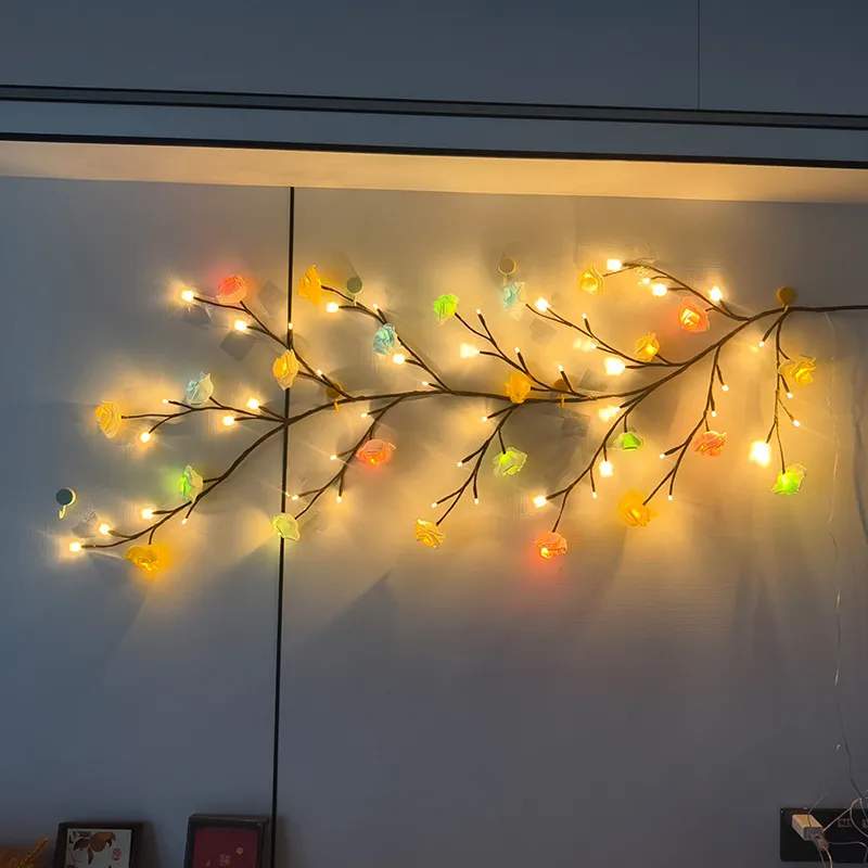 Picture of LED Tree Branch Lights for Wall Rose Lights with Remote and 8 Lighting Modes Rose Garland Willow Rose Vine Light for Bedroom Indoor Wall Wedding Valentines Day Decor (Rose 1.8M 96LEDs) LED Tree Branch Lights for Wall Rose Lights with Remote and 8 Lighting - Multicolor