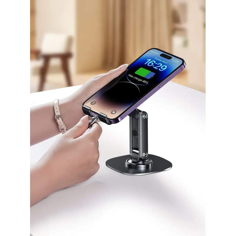 Picture of BY-556 Fully Adjustable Foldable Alloy Desktop Phone Holder Adjustable Angle Height 360 Degree Rotating Cradle Dock Mobile Stand Compatible With All Mobile/Tablet Devices Under - Black