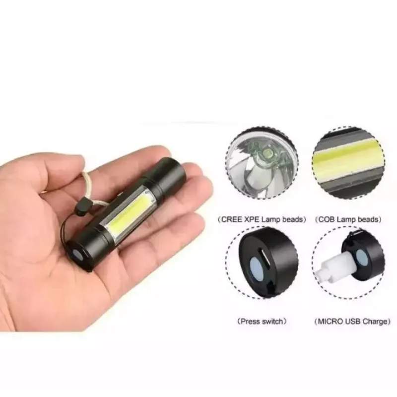 Picture of high powerful 2 LED COB Q5 Mini flashlight USB rechargeable Battery flash Torch Work light Torch Lamp for Hiking Camping fishing - Black