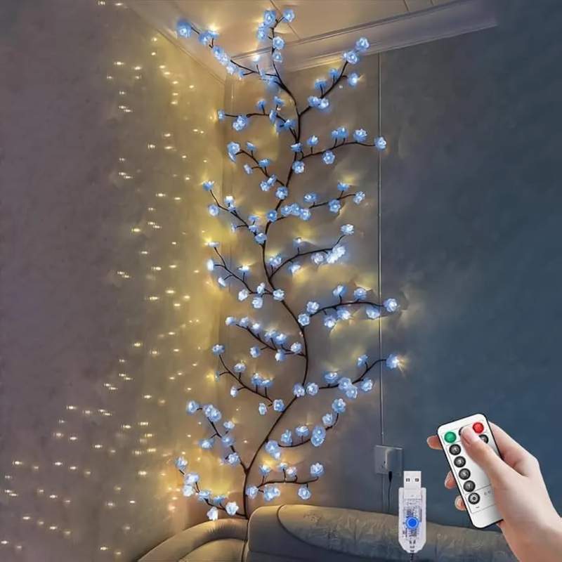 Picture of Blue Cherry Blossom LED Tree Branch Lights for Wall,8 Modes Cherry Blossom Lights with 144 LED,Remote,Timer,Cherry Blossom LED Vine Fairy Lights,Decorations for Bedroom,Wall Art,Christmas - Blue