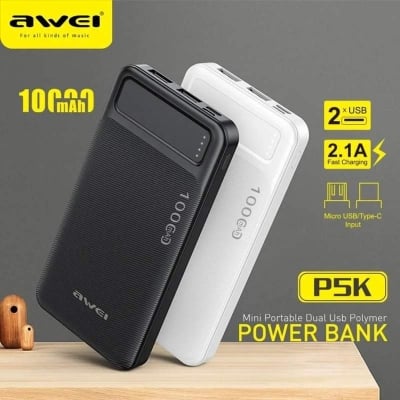 Picture of Awei P5k 10000mAh Portable Power Bank For Work Travel Samsung Huawei Xiaomi Vivo Oppo Mobile Phone Universal Dual USB Fast Charge Power Bank - Black