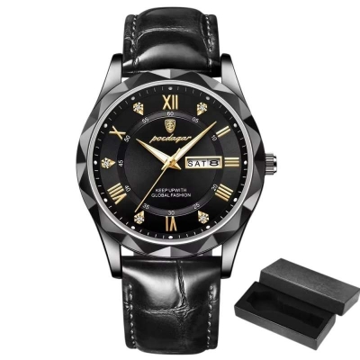 Picture of POEDAGAR Luxury Business Man Wristwatch: Waterproof, Luminous, Date Week Display, Quartz Leather Men's Watch - Black
