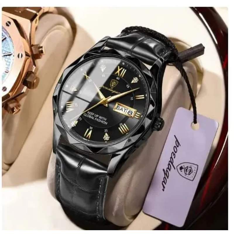 Picture of POEDAGAR Luxury Business Man Wristwatch: Waterproof, Luminous, Date Week Display, Quartz Leather Men's Watch - Black