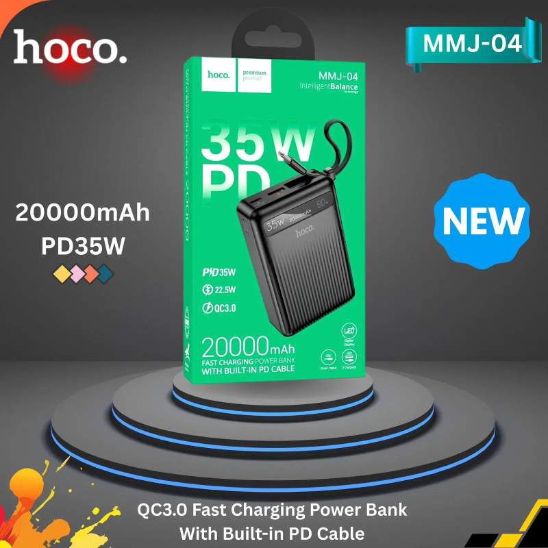 Picture of Hoco MMJ-04 20000mAh 35W PD Fast Charging Power Bank with Built-in Type-C Cable - Black
