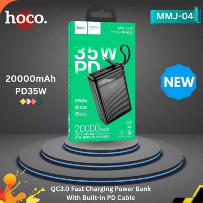 Picture of Hoco MMJ-04 20000mAh 35W PD Fast Charging Power Bank with Built-in Type-C Cable - Black