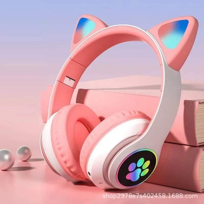 Picture of Cat Ears Headphones Flash Light Wireless With MIC Control LED Kid Girl Stereo Cute Music Helmet Bluetooth Phone Headset Earphone