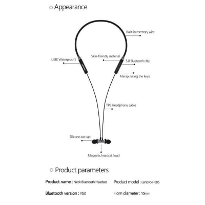 Picture of Lenovo HE05 Neckband Bluetooth Headset BT5.0 Sports Sweatproof Headset IPX5 with Mic Noise Cancelling - Black