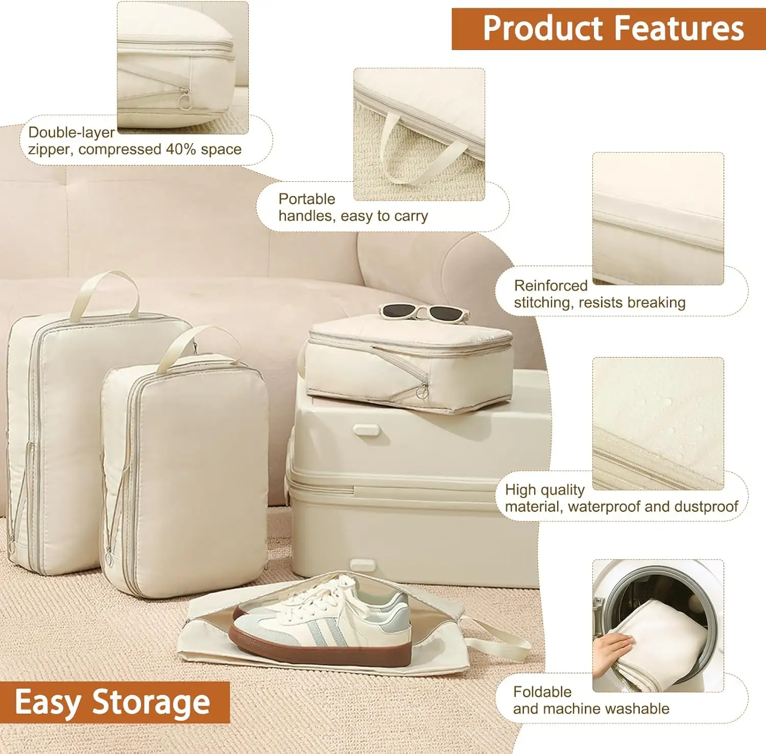 Picture of 6-Piece Compressible Packing Cubes Set Waterproof - Portable Travel Organizer Bags for Luggage/Suitcase with Handbag Accessory
