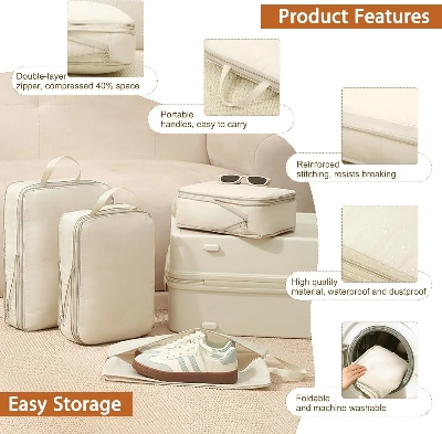 Picture of 6-Piece Compressible Packing Cubes Set Waterproof - Portable Travel Organizer Bags for Luggage/Suitcase with Handbag Accessory