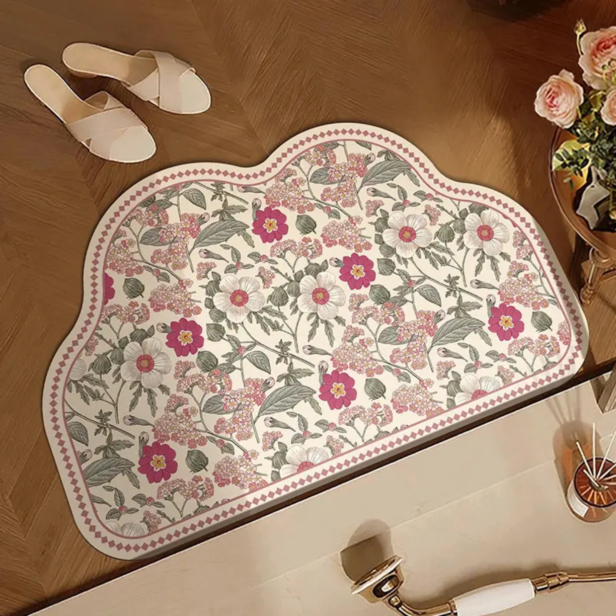 Picture of Non-Slip Water Absorbent Bathroom Rug, Semi-Circle Vintage Moroccan Style Mat Easy Clean Quick Dry Floor Mat