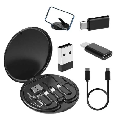 Picture of 5 in 1 Multi USB C Charging Cable with Lighting Micro-USB USB-cConverter Adapter and Slim Card Slot Multi Cable Organizer Box - Black