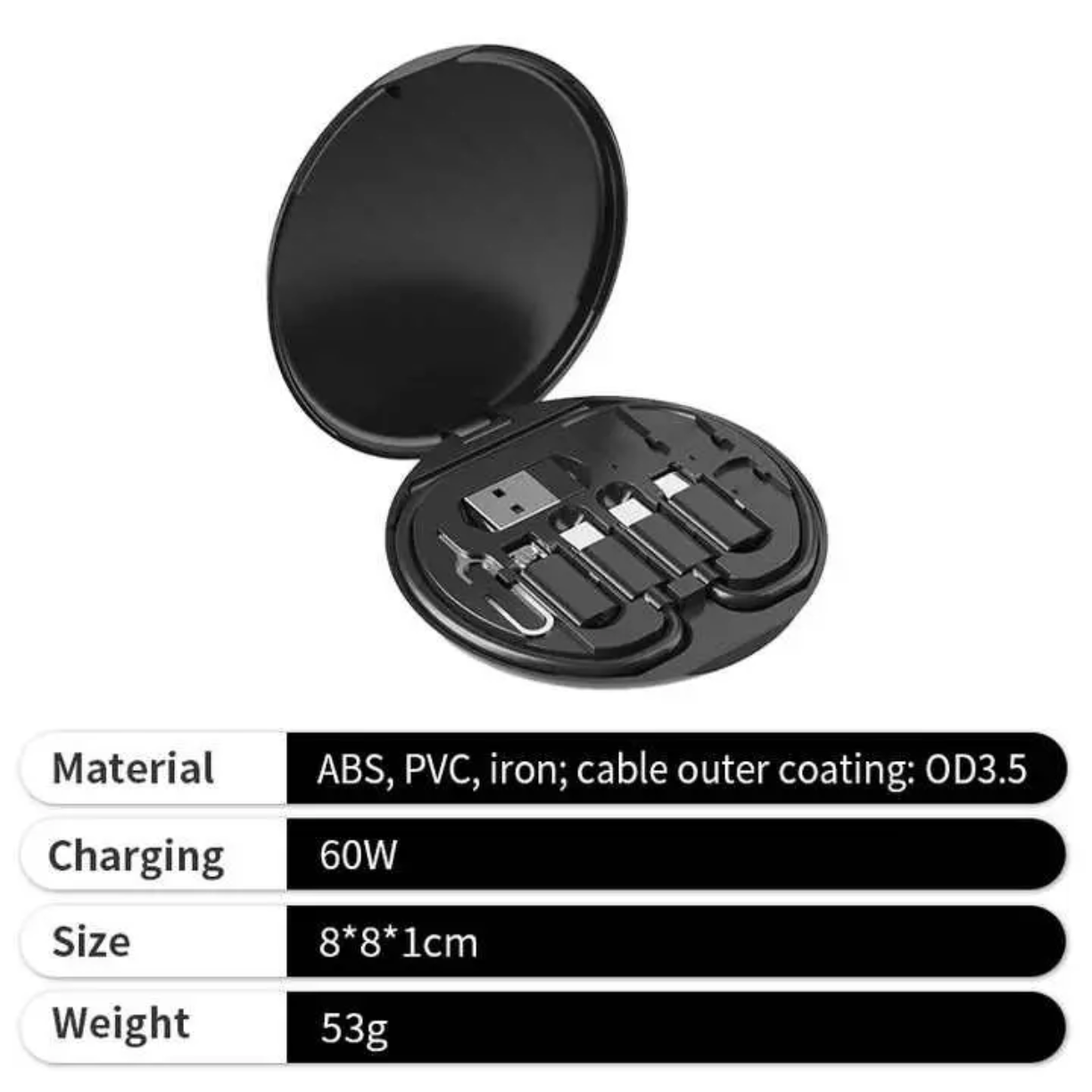 Picture of 5 in 1 Multi USB C Charging Cable with Lighting Micro-USB USB-cConverter Adapter and Slim Card Slot Multi Cable Organizer Box - Black