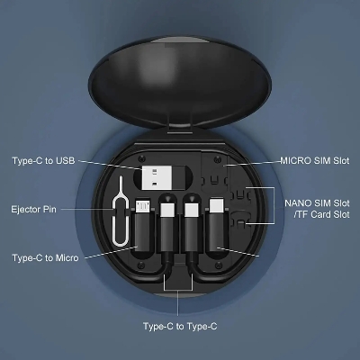 Picture of 5 in 1 Multi USB C Charging Cable with Lighting Micro-USB USB-cConverter Adapter and Slim Card Slot Multi Cable Organizer Box - Black