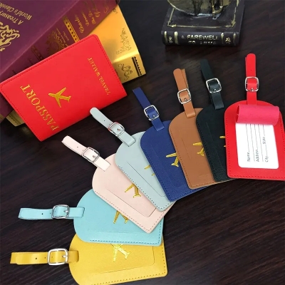 Picture of 2Pcs/Set PU Travel Passport Cover Luggage Tag Suitcase Identifier Label Baggage Boarding Bag Tag Name ID Address Passport Holder
