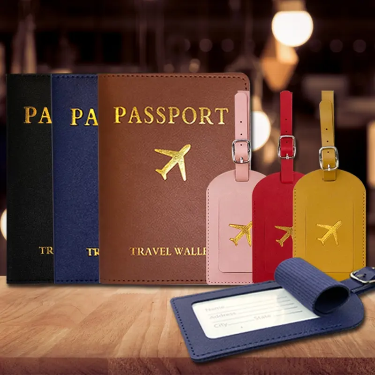 Picture of 2Pcs/Set PU Travel Passport Cover Luggage Tag Suitcase Identifier Label Baggage Boarding Bag Tag Name ID Address Passport Holder