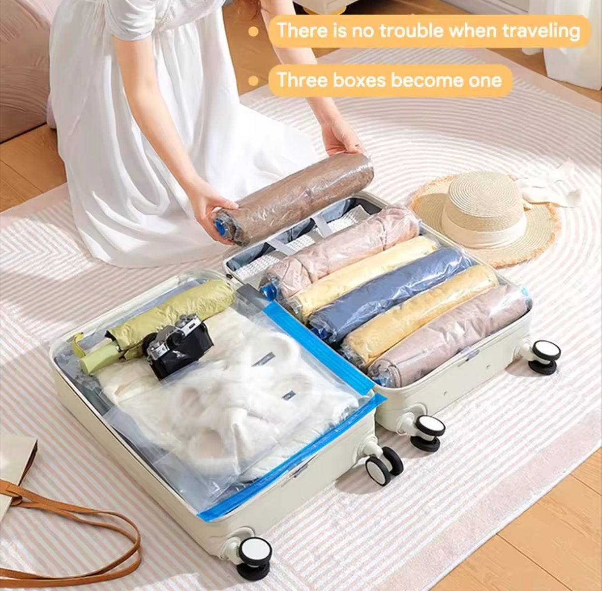 Picture of Hanging Vacuum Compression Storage Bag + Hand Pump for Jacket, Quilt, Coats, Suits, Dresses etc. Travel organizer for luggage, Large Capacity Wardrobe Organizer for Clothes | Space Saver | Reusable Dustproof Wardrobe Bag - hanging bag 100*70CM