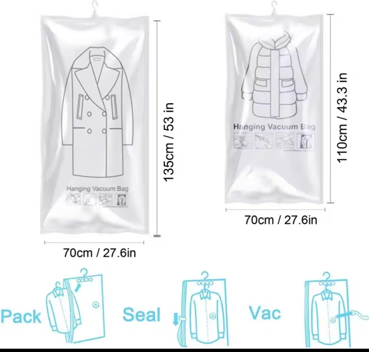 Picture of Hanging Vacuum Compression Storage Bag + Hand Pump for Jacket, Quilt, Coats, Suits, Dresses etc. Travel organizer for luggage, Large Capacity Wardrobe Organizer for Clothes | Space Saver | Reusable Dustproof Wardrobe Bag - hanging bag 100*70CM