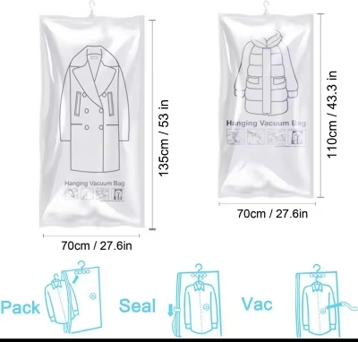 Picture of Hanging Vacuum Compression Storage Bag + Hand Pump for Jacket, Quilt, Coats, Suits, Dresses etc. Travel organizer for luggage, Large Capacity Wardrobe Organizer for Clothes | Space Saver | Reusable Dustproof Wardrobe Bag - hanging bag 100*70CM