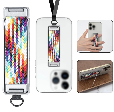 Picture of Metal Back Mounted Phone Holder with rainbow Strap and Breathable Design Foldable and Portable Ring Holder with Hanging Rope