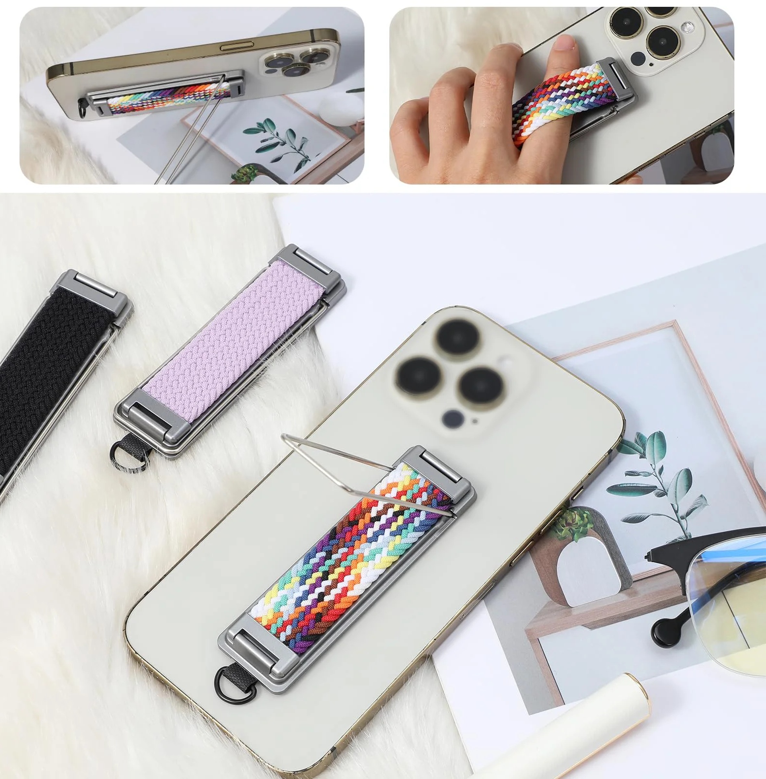 Picture of Metal Back Mounted Phone Holder with rainbow Strap and Breathable Design Foldable and Portable Ring Holder with Hanging Rope